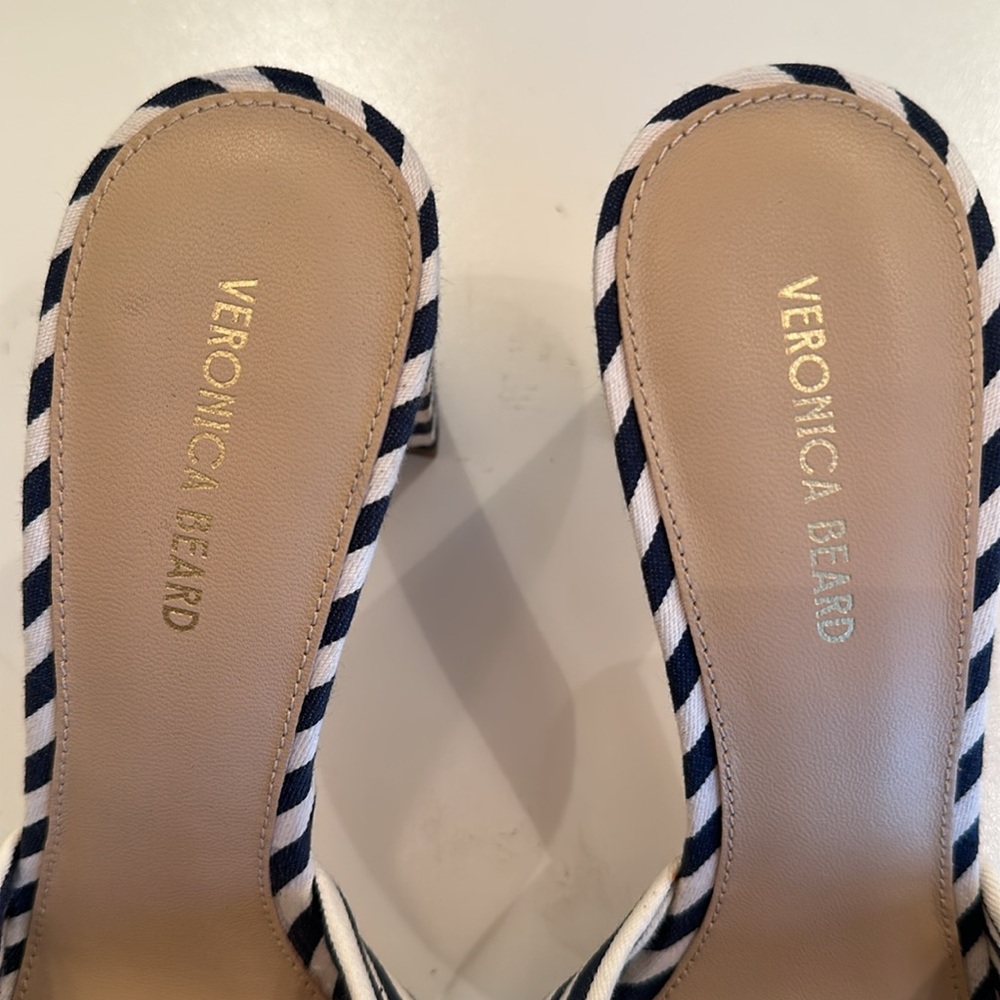 New Veronica Beard Navy and White Striped Fabric Heels with Bow Detail. … - Picture 4 of 11